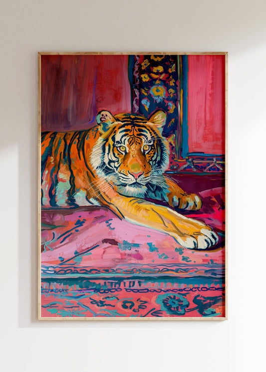 Framed tiger portrait illustration in bold tropical colors, wild animal poster on wall, home decor wall art